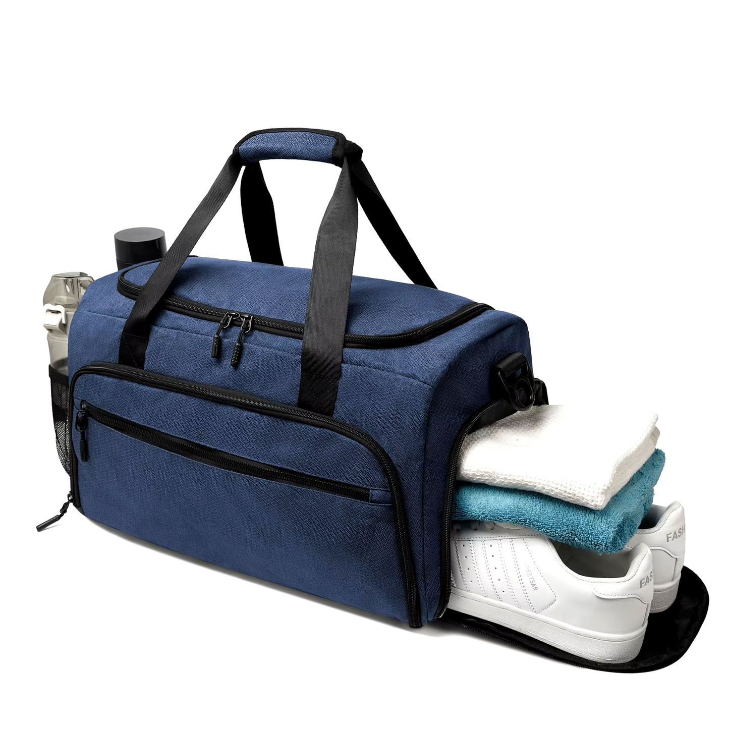 Blue compact functional workout gym duffel bag with shoe compartment and bottle holder
