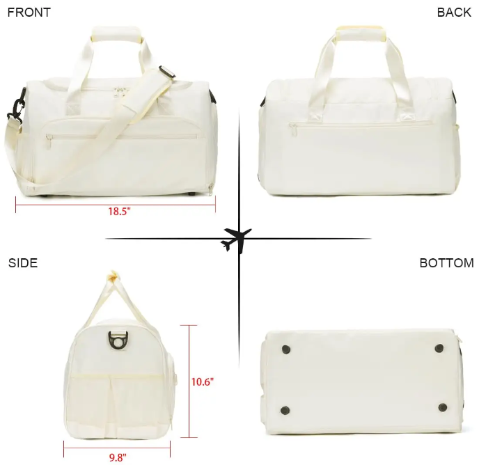 White compact functional workout gym duffel bag with shoe compartment and bottle holder
