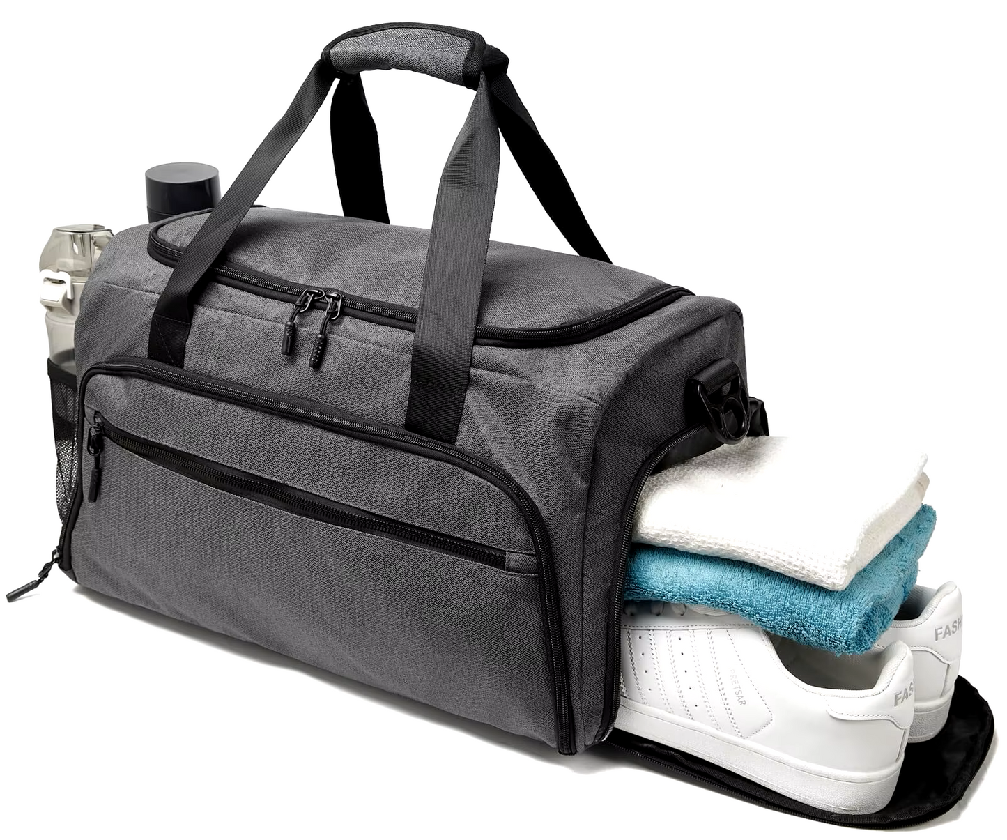 Grey compact functional workout gym duffel bag with shoe compartment and bottle holder