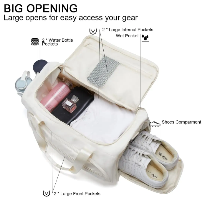 White compact functional workout gym duffel bag with shoe compartment and bottle holder