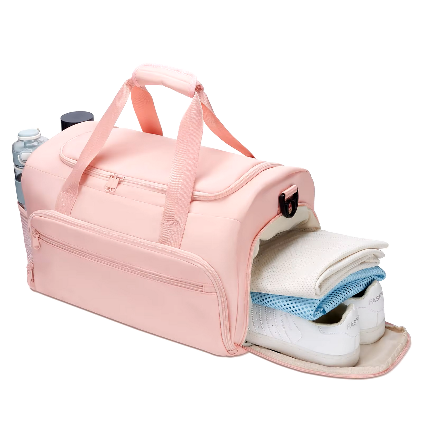 Pink compact functional workout gym duffel bag with shoe compartment and bottle holder