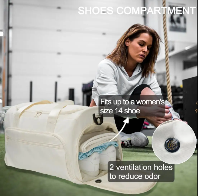 White compact functional workout gym duffel bag with shoe compartment and bottle holder