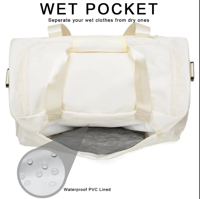 White compact functional workout gym duffel bag with shoe compartment and bottle holder