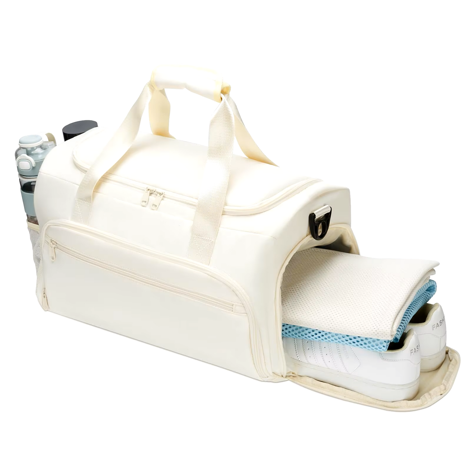 White compact functional workout gym duffel bag with shoe compartment and bottle holder