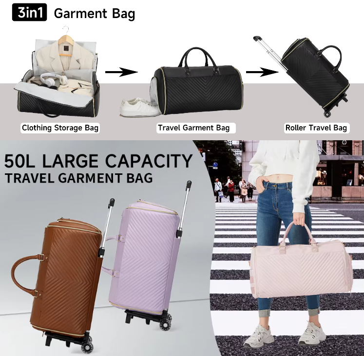 3-in-1 rolling garment duffel bag in durable PVC - designed for travel